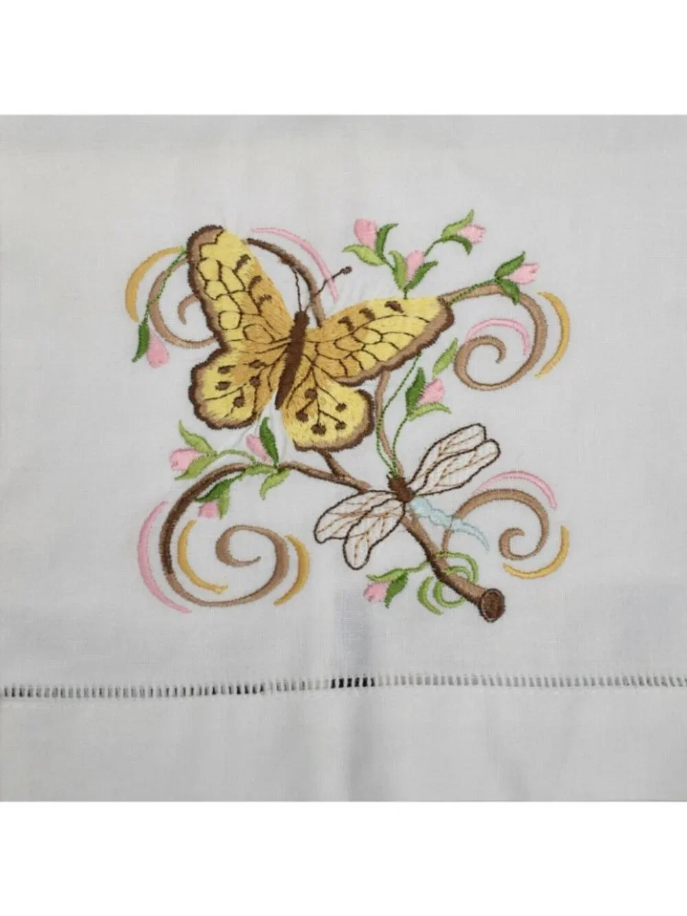 Kate McRostie Tea Towels Embroidered Butterfly Dragonfly Cotton Set of 3 White